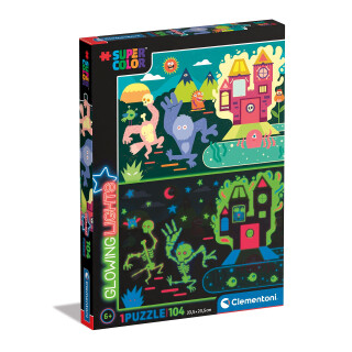 Clementoni - 27558 - Supercolor Puzzle Glowing Lights Monsters - Puzzle 104 Teile Ab 6 Jahrenes Kinderpuzzle mit besonderer Leuchtkraft & Farbintensität, Geschicklichkeitsspiel für Kinder