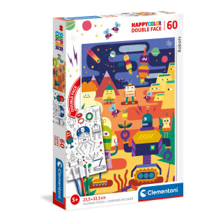 Clementoni 26061 Happy Color Double Face Robots – Puzzle 60 Teile ab 5 Jahren, doppelseitiges Kinderpuzzle mit Bild zum Ausmalen, inkl. 3 Filzstiften, Denkspiel für Kinder