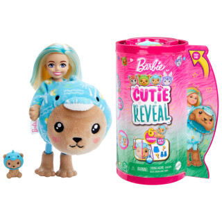 BARBIE Cutie Reveal Puppe - 6 Überraschungen in einer Verpackung, Plüschtierfreunde, Teddybär in Delfin-Plüschkostüm, Chelsea-Puppe mit blondem Haar und Zubehör, ab 3 Jahren, HRK30