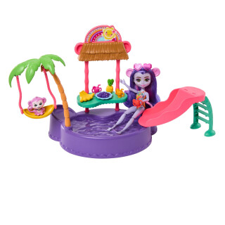 Enchantimals-Puppe und Zubehör, Affen-Swimmingpool-Spielset, Puppe und Beste Tierfreund-Figur, Rutsche, Schaukel und vieles mehr, Geschenke für Kinder, HTW73