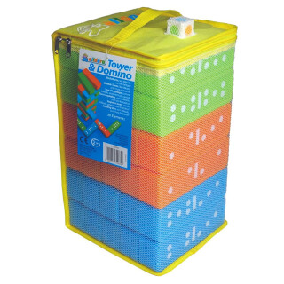 alldoro 60065 - 2 in 1 Tower & Domino Spiel Set, XXL Wackelturm + Dominosteine als Legespiel im Riesen Format, 30 Kunststoff Bausteine mit Tragetasche, Stapelspiel für Indoor, für Kinder ab 2 Jahre