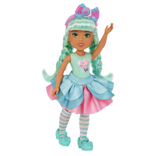 MGA Dream Bella Kleine Candy Prinzessin - DREAMBELLA - Zuckerwatte-Motiv mit Bonbonduft, 14 cm - Scratch N Sniff Etikett, langes, grünes Haar, Stirnband und modische Accessoires - Ab 3 Jahren