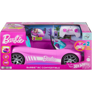 Hot Wheels Barbie Spielzeugauto, ferngesteuertes pinkfarbenes Cabrio, Platz für 2 Barbie-Puppen und Kofferraum lässt sich zum Aufbewahren öffnen, Stickerbogen für Gestaltungsmöglichkeiten, JBH05