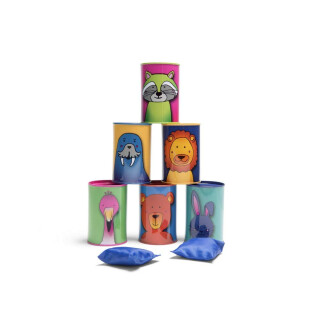 BS Toys Dosenwerfen – Wurfspiel für Kinder ab 3 Jahren – Outdoor & Geburtstagsspiel mit 10 Dosen mit Tiermotiven & 2 Wurfsäckchen – Gartenspiel & Geschicklichkeitsspiel