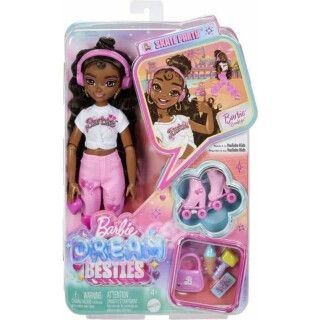 Barbie Dream Besties Puppe und Accessoires, bewegliche Barbie Brooklyn Rollschuh-Modepuppe mit braunem Haar, 9 Zubehörteile zum Thema Musik und Video, JFX97