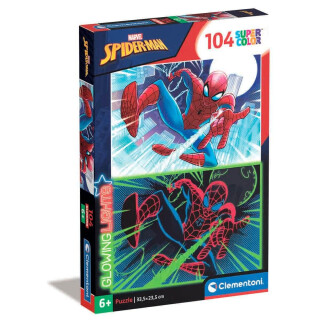 Clementoni - 27555 - Supercolor Puzzle Glowing Lights Marvel Spiderman - 104 Teile Ab 6 Jahren, buntes Kinderpuzzle mit besonderer Leuchtkraft & Farbintensität, Geschicklichkeitsspiel für Kinder