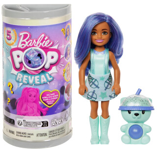Barbie Chelsea Pop Reveal Bubble-Tea-Serie, Puppe mit Verpackung im Teedosendesign und 5 Überraschungen, darunter eine duftende kleine Puppe und ein Pop-it-Tier (Stile können abweichen), HRK63