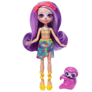Enchantimals Puppen, Sunshine Beach Sabindra Sloth Puppe und Tierfreund Hang, kleine Puppe mit abnehmbarem Rock und Zubehör, Geschenk für Kinder, HRX82