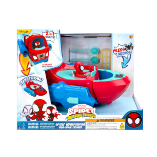 Spidey and His Amazing Friends Spidey Transforming Web-Wave Cruiser, 22,9 cm, 2-in-1-Fahrzeug mit freien Rädern und Web-Dartwerfern