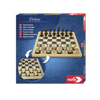 Noris Deluxe Schach und Dame – Spieleklassiker in wertiger Holzausführung, Strategiespiel mit Holz‑Spielbrett, 32 Schachfiguren & 24 Dame‑Steinen, Holz‑Edition für 2 Spieler ab 6 Jahren