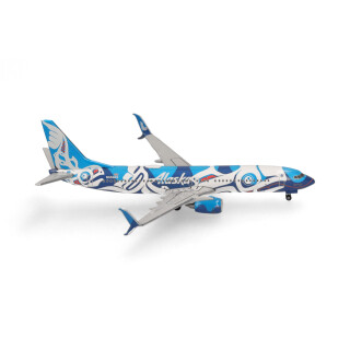 Herpa Modellflugzeug Boeing 737-800 "Xáat Kwáani (Lachsmenschen) Alaska Airlines Miniatur im Maßstab 1:500, Sammlerstück, Modell ohne Standfuß, Metall, Blu