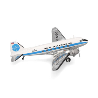 herpa Modellflugzeug Pan American World Airways Douglas DC-3, Miniatur im Maßstab 1:200, Sammlerstück, Modell mit Standfuß, Metall, Weiß, Blau