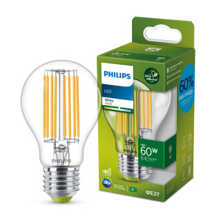 Philips LED Classic ultraeffiziente E27 Lampe (60 W), LED Lampe mit neutralweißem Licht, energiesparende Lampe mit langer Nutzlebensdauer, Energieeffizienzklasse A, Warmweiß