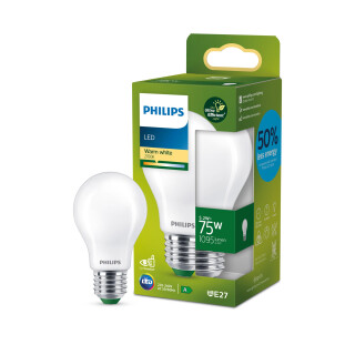 Philips LED Classic ultraeffiziente E27 Lampe (75 W), matte LED Lampe mit warmweißem Licht, energiesparende Lampe mit langer Nutzlebensdauer, Energieeffizienzklasse A, Weiß
