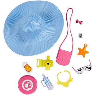 Mattel FKR90 - Barbie Fashions Accessoires Sortiment - Strandset, mit Sonnenhut, Handtasche, Frisbee, Kamera, Sonnencreme, Schmuck,....