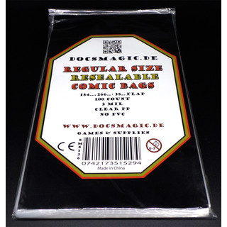 100 Docsmagic.de Resealable Regular Size Comic Bags 184 x 266 - 2 Mil - Hüllen mit Lasche - Wiederverschließbar