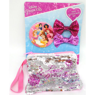 Disney Princess Set Spiegel + Pailletten Geldbörse + 2 Schleifen - Offiziell Lizensiert - Mirror Sequin Purse and Bow Set