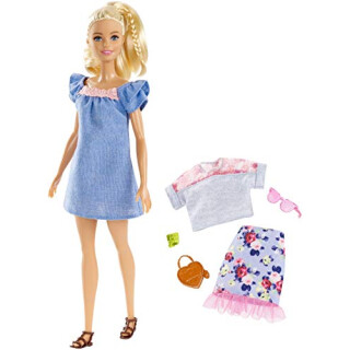 Mattel Barbie - Fashionistas Puppe und Mode Geschenkset, im blauen Kleid, mit rosa Spitze